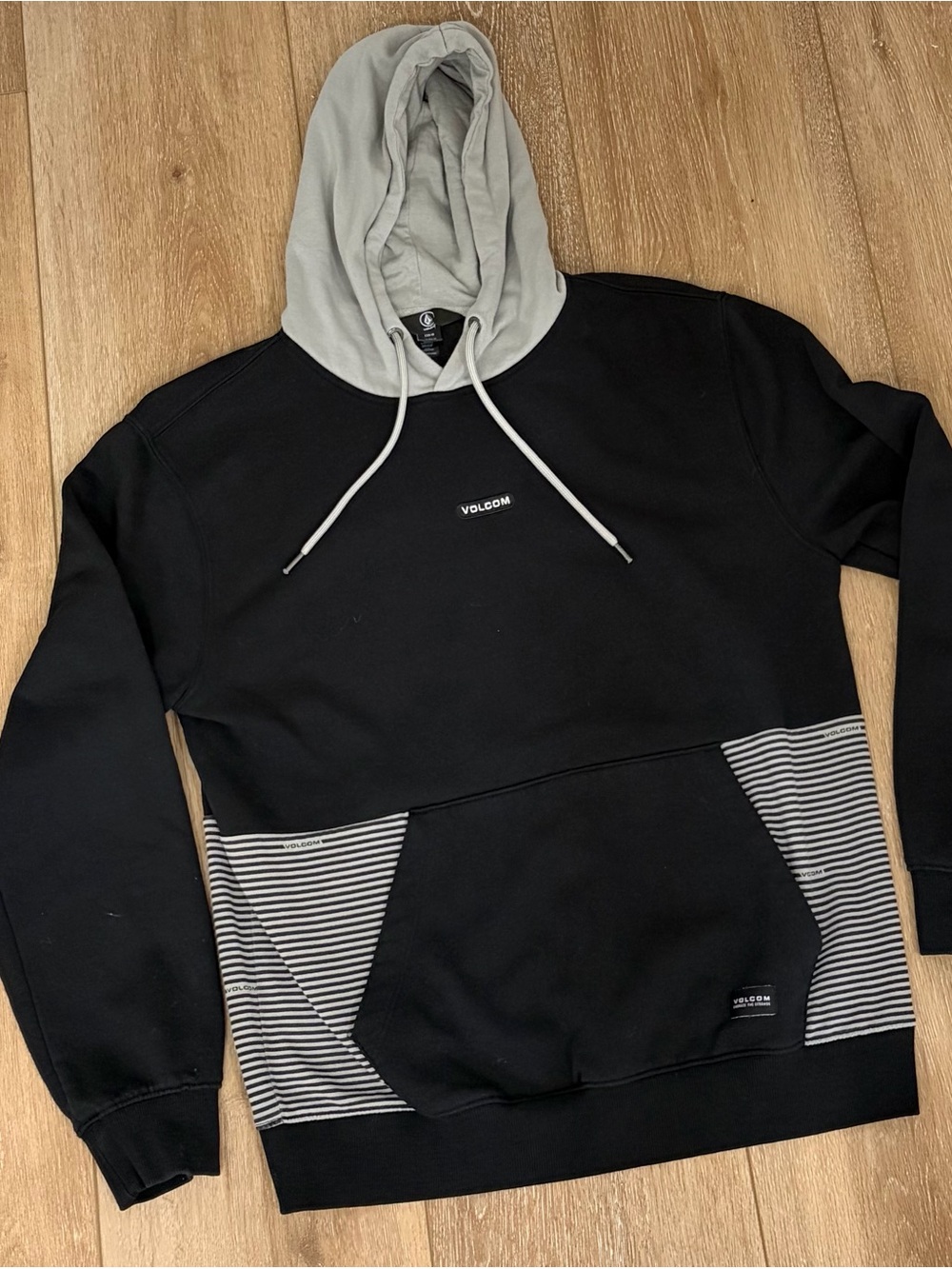 Volcom Black Pullover Hoodie with Light Gray Hood & Striped Pocket Panels